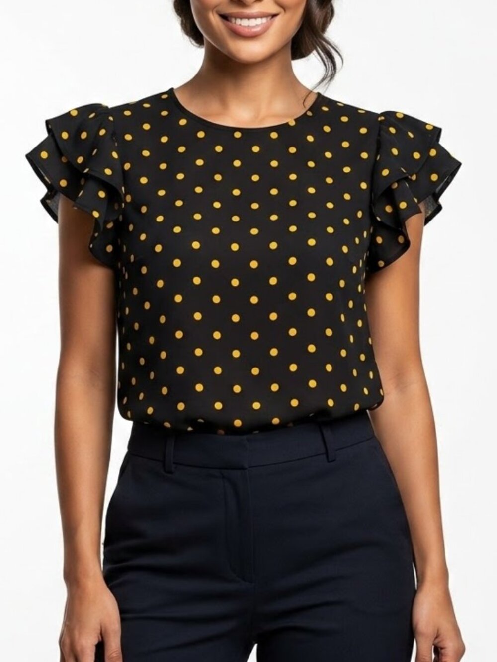 No Frills Los Angeles Dark Coquette Polka Dot Ruffle Sleeve Top S